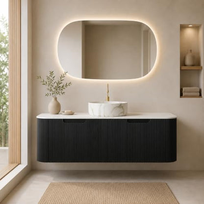 48" Floating Bathroom Vanity with Sink, Wall Mounted Plywood Cabinet, Black Fluted Front, Sintered Stone Countertop, White Marble-Look Ceramic Vessel Sink, Soft-Close Drawer, Pre-Assembled - color: Black Cabinet / White Marble Sink, size: 48 Inch