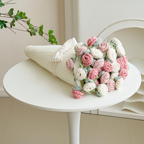 Crochet Flower Bouquet Throw Blanket, Handmade Knitted Blanket with Rose Flowers, Cute Romantic Gift for Her Girlfriend Mom Mother’s Day Valentine Wedding Anniversary Birthday (Without Packaging Bag) - color: Rose Pink, size: 32 Inches