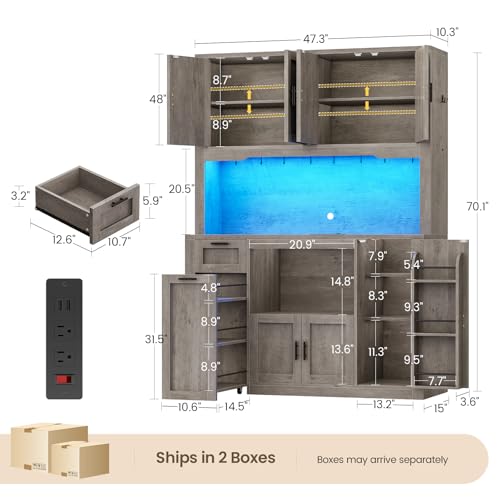 Itaar 71" Pantry Cabinet with Charging Station and LED Light, Kitchen Pantry Cabinet with Microwave Stand, 47.2" Wide Kitchen Storage Cabinets with Storage Cart 3 Tier for Dining Room, Grey - color: Grey