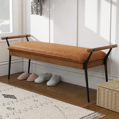 DUOMAY Modern PU Ottoman Bench with Arms & Metal Legs, Brown | Mid Century Rectangle Bench Footstool Dining Bench Entryway Shoe Bench For Bedroom Living Room - color: Brown