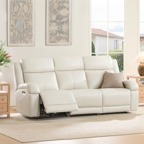 Watson & Whitely Genuine Leather Power Recliner Sofa & Loveseat Set, Cream | Wall Hugger Reclining Sofas, Power Headrest, Center Storage Console, Charging Ports, Cup Holders, Living Room Furniture Set - color: Cream, style: Loveseat+3 Seater Sofa