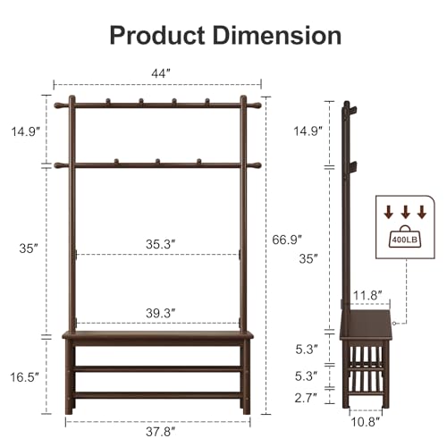 AQIMUELE Hall Tree, Coat Rack with Shoe Storage, Wooden Hall Tree with Bench, 11 Hooks and 2-Tier Storage Shelves, Entryway Bench with Coat Rack (39.3" - Deep Walnut) - color: Deep Walnut, size: 39.3"