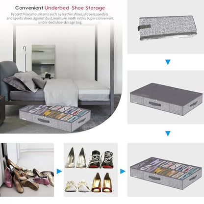 Onlyeasy Sturdy Under Bed Shoe Storage Organizers with Handles & Clear Window (16 to 32 Pairs) 2 Pack, Closet Shoes Containers Boxes for Kids & Adults, 37.7"x23.6"x5.9", Linen-like Grey, MXDUBS16P2 - color: 2 Shoes (16+16 Cells) Linen-like Grey