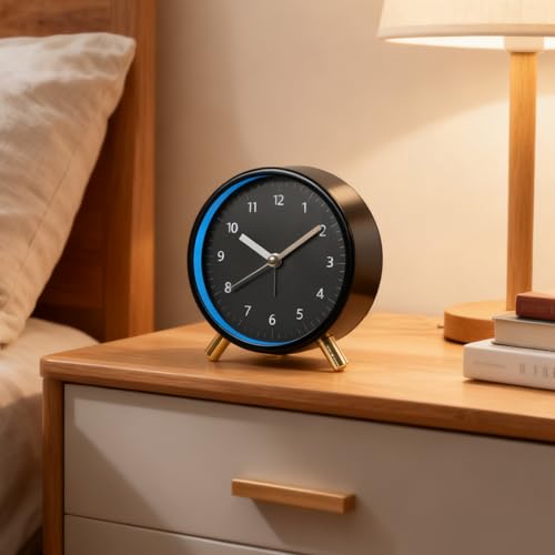 Yosoo Night Light Table Clock Modern Silent Bedside Desk Clock for Bedroom Alarm, Minimalist Design, Anti Impact, Scratch Proof, Easy to, Long Lifespan, (Black Round (with Alarm +Night Light))