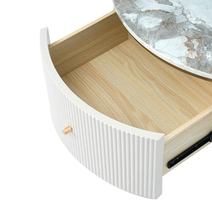 JUSTONE Modern Round White & Gold Coffee Table with Drawers,Drum Coffee Table with Golden Legs Circular Center Table with Marble Pattern Top for Living Room Apartment Office-White - color: 31.5'' - Off White