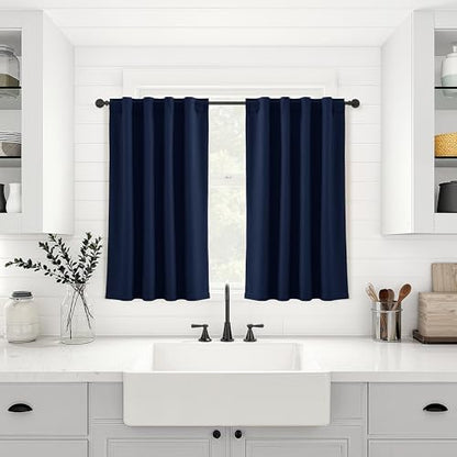 100% Blackout Kitchen Linen Curtains Back Tab 30 Inch Length Privacy Elegant Mini Cafe Curtain for Rustic Farmhouse Bathroom Thermal Insulated Kids Bedroom Small Drape Navy Blue 26x30 - color: Navy Blue, size: 26"W x 30"L (Pack of 2)