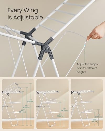 SONGMICS Clothes Drying Rack, Foldable 3-Level Laundry Rack, Free-Standing Large Drying Rack, with Height-Adjustable Wings, 39 Drying Rails, Sock Clips, White and Gray ULLR054W01 | Large Free-Standing Laundry Rack, Height-Adjustable Wings, White and Gray,