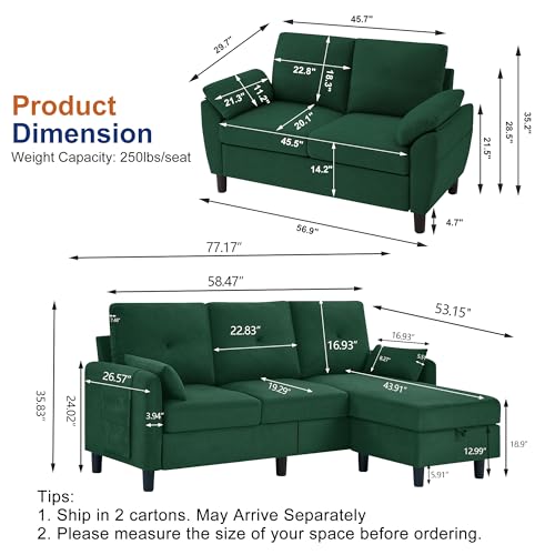 2 PCS Sectional Sofa Set, 3 Seater Convertible Sofa and Loveseat, L Shaped Couch with Storage Ottoman and Side Pockets, Modern Couch for Living Room, Office, Apartment, Green - color: Green, size: sofa+loveseat