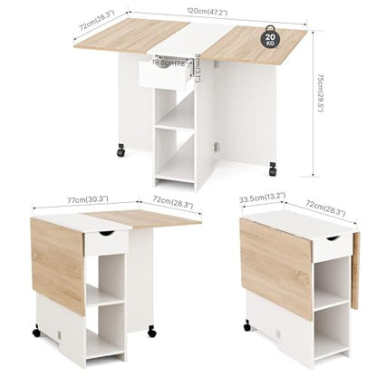 Mondeer Folding Dining Table with Drawer and Shelves, Oak & White | Drop Leaf Kitchen Table with 1 Drawer and 2 Storage Shelves in Modern Style for Small Spaces and Seats 4-6 People. - color: Oak & White