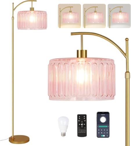 ILLMTW Pink Floor Lamp for Living Room,Bedroom,Gold Dimmable Standing Lamp with Remote,Mid Century Modern Brass Tall Lamp Boho Floor Lamps Arc Stained Glass Flower Floor Light Lamp Girls kids Bohemian - size: Floor Lamp-32