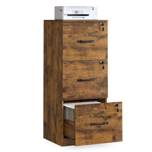 VASAGLE File Cabinet, 3 Drawer Filing Cabinet for Home Office, with Locks, for A4, Letter Sized Documents, Hanging File Folders, Rustic Brown UOFC055K101S - color: Rustic Brown, size: 3 Drawers