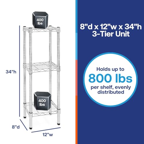 Shelving Inc. 8" d x 12" w Chrome Wire Shelving with 3 Tier Shelves | Weight Capacity 800lbs Per Shelf, Durable Kitchen and Garage Storage Shelves, Adjustable Shelf Organizer Storage Rack - size: 8" d x 12" w x 34" h