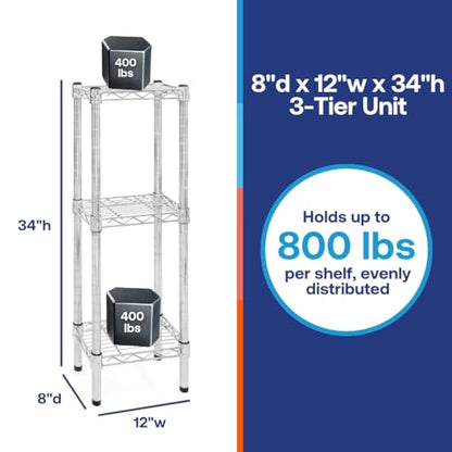 Shelving Inc. 8" d x 12" w Chrome Wire Shelving with 3 Tier Shelves | Weight Capacity 800lbs Per Shelf, Durable Kitchen and Garage Storage Shelves, Adjustable Shelf Organizer Storage Rack - size: 8" d x 12" w x 34" h