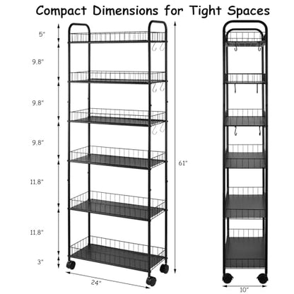 6 Tier Rolling Storage Cart on Wheels, Slim Tall Narrow Storage Shelf for Small Spaces, Metal Utility Cart Freestanding Mobile Shelving Rack with Wheels for Kitchen, Bathroom, Laundry Room - size: 10 in Wide