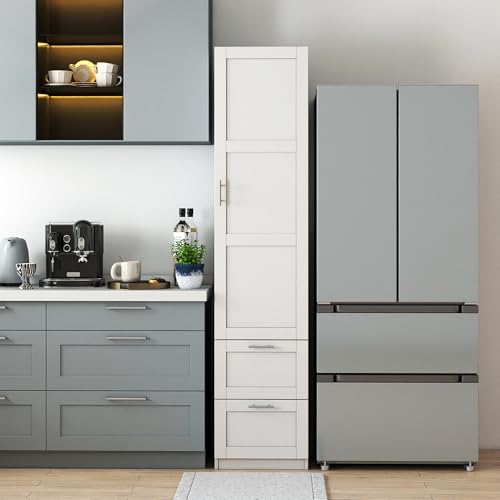 roomfitters Kitchen Pantry Storage Cabinet with 2 Drawers Tall Wooden Narrow Food Cupboard Bathroom Linen Tower, White