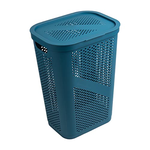 Mind Reader 60L Slim Laundry Hamper, Clothes Basket, Lid, Ventilated, Plastic, Set of 2, Blue - color: Blue, size: 2-Pack
