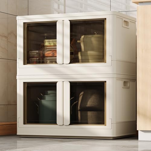 FLEXIMOUNTS 152 QT Stackable Plastic Storage Bins With Lids, Milky White | Collapsible Foldable Storage Bins with Front Doors and Built-in Wheels, Organizers and Storage for Home, Dorm, 2 Pack Cubes - color: Milky White, size: 76 Qt-2 Pack