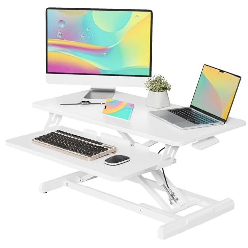 JOY worker 32" Standing Desk Converter, Height Adjustable Stand Up Riser | White Desktop Sit to Stand Riser with Fixed Keyboard Tray, Monitor and Laptop Workstation, Particle Board, for Home Office - color: White, size: 32 Inch