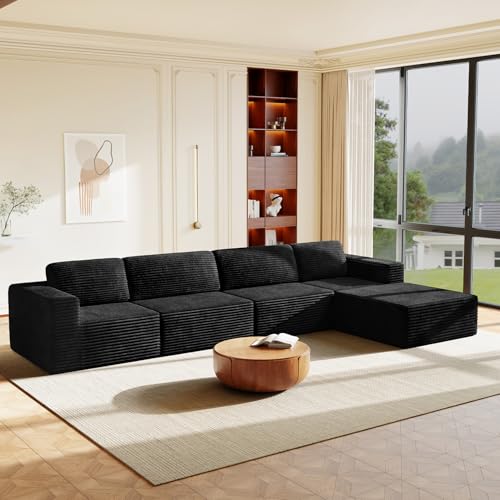 Vesgantti 159" Large Modular Sectional Sofa, L-Shaped Corduroy Cloud Couch with Deep Seats & Spring Support, 4-Seater Boneless Sofa with Movable Ottoman, No Assembly Needed, Black - color: 159" - 4 Seater + Ottoman Black
