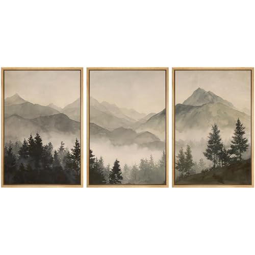 SIGNWIN Framed Canvas Print Wall Art Set Misty Mountain Forest Landscape Neutral Nature Mountain Illustrations Modern Scenic Colorful Ultra for Living Room, Bedroom, Office - 16"x24"x3 Natural - color: A26-2603-yuk17, size: 16"x24"x3 Panels Natural