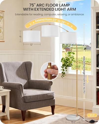 75" Arc Floor Lamp with Marble Base and Adjustable Height, Rotating Hanging Shade, Dimmable Floor Lamp for Living Room with Remote and Foot Switch, 3CCT, Over Couch Arched Light, White Gold DW15LD05 - color: Gold + White