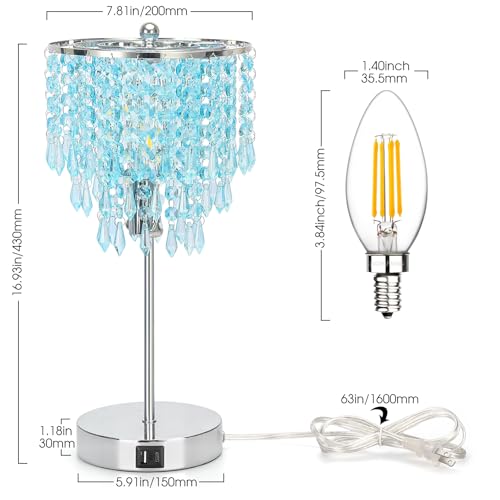 Touch Control Crystal Table Lamp, 3-Way Dimmable Lamp with USB A+C Ports | Nightstand Touch Lamp for Bedroom, Silver with Teal Crystal Shade, Bedside Lamp for Living Room, Girl Room, LED Bulb Included - color: Light Teal