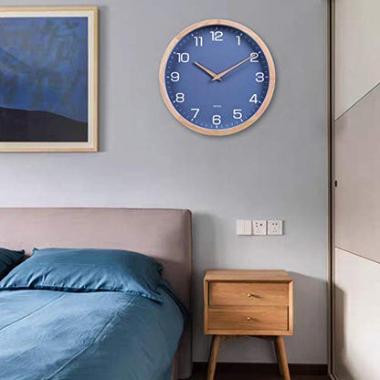 Kesin Wall Clock 12 Inch Silent Non Ticking Wood Wall Clocks Modern Simple | Battery Operated - Wooden Blue Clock Decorative for Kitchen,Living Room,Bedroom,Kid’s Room