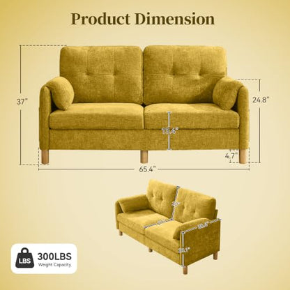 Mid Century Modern Couch, 65" Loveseat Sofa, Yellow | Storage Pockets, Upholstered Small Loveseat for Small Spaces, Bedroom, Home Office, Apartments - color: Yellow