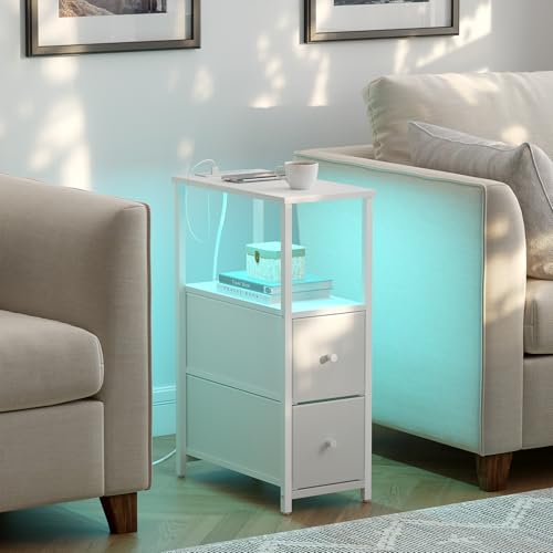 TUTOTAK Narrow LED End Table with Charging Station, Skinny Side Table | Bedside Table with Outlets, Nightstand with 2 Cloth Drawers, Couch Table for Living Room, Bedroom, White TB01BW056 - color: White, style: 2 Drawers with Plug & Light
