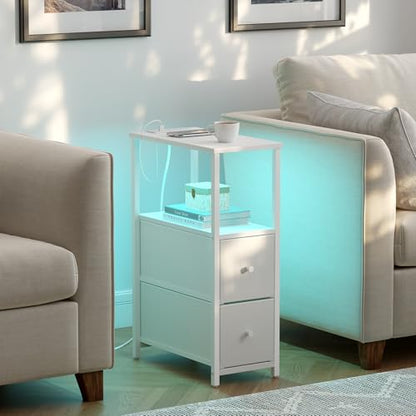 TUTOTAK Narrow LED End Table with Charging Station, Skinny Side Table | Bedside Table with Outlets, Nightstand with 2 Cloth Drawers, Couch Table for Living Room, Bedroom, White TB01BW056 - color: White, style: 2 Drawers with Plug & Light