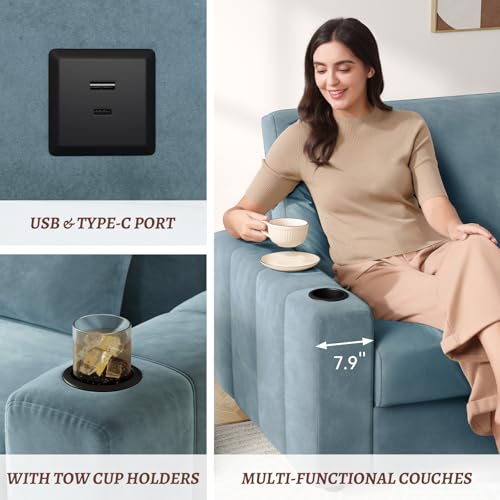COPIAE Loveseat Sofa, Larger Couch Velvet Fabric with Storage, Charging Ports, Heightened Backrests, Removable Cover Modern Comfy Couches Easy Assembly for Living Room, 88 Inch Blue - color: Blue