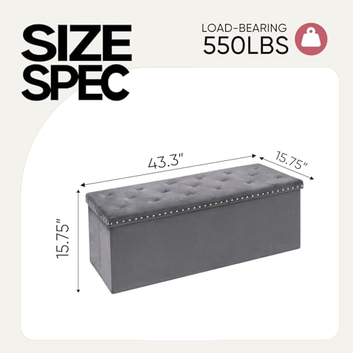 43 Inches Velvet Storage Ottoman Bench, Folding Upholstered Ottoman with Storage for Bedroom Living Room, 140L Capacity - color: Grey