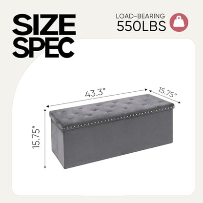 43 Inches Velvet Storage Ottoman Bench, Folding Upholstered Ottoman with Storage for Bedroom Living Room, 140L Capacity - color: Grey