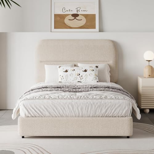 HOMBCK Twin Size Boucle Bed Frame, Upholstered Bed Frame with Headboard, Twin Bed Frames for Kids, Thickened Footboard/Rounded Corners/Adjustable Headboard/No Box Spring Needed/Easy Assembly, Beige - color: Beige, size: Twin