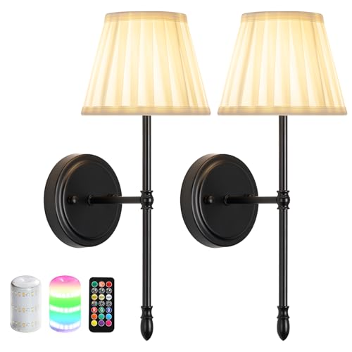 Battery Operated Wall Sconces Dimmable Led Bulds and Remote | Black Wireless Wall Lights Set of 2 , 10000mAh Rechargeable Fabric Wall Mounted Lamp for Bedroom, Living Room, Hallway - color: Black