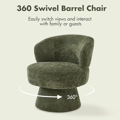 360° Swivel Accent Chair, Modern Chenille Barrel Chairs with Curved Back, Upholstered Round Lounge Chairs for Living Room, Bedroom, Vanity, Reading Nook, Small Spaces, Olive Green - color: Green 01, size: 1 Chair