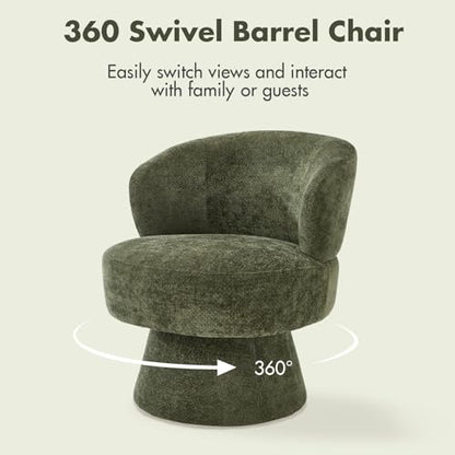 360° Swivel Accent Chair, Modern Chenille Barrel Chairs with Curved Back, Upholstered Round Lounge Chairs for Living Room, Bedroom, Vanity, Reading Nook, Small Spaces, Olive Green - color: Green 01, size: 1 Chair