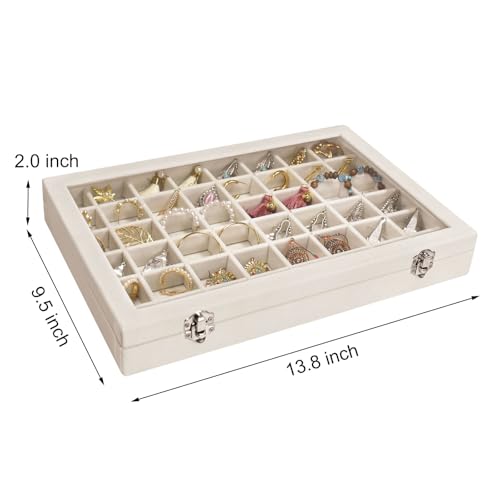 Siveit Velvet Jewelry Tray 48 Grid Jewelry Display Tray Organizer Box with Transparent Lid Rings Earrings Necklaces Pendants Display Box Suitable for Women and Girls (Beige) - color: Beige