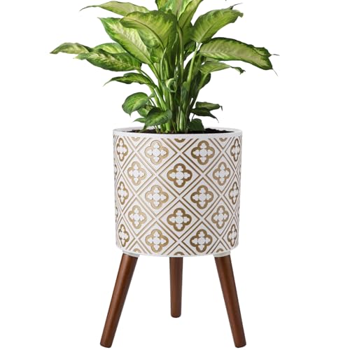 naclto 12 Inch Planter Pot with Stand,Plant Stand Plant Pot for Indoor Plants,Large Modern Flower Pots Indoor Outdoor with Drainage for Home Garden Patio, White and Gold - color: M White and Gold, size: 12 Inch