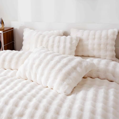 Fluffy White Duvet Cover Twin Set, Soft Shaggy Plush Rabbit Bedding Set 2 Pieces (1 Fuzzy Comforter Cover + 1 Faux Fur Pillow Cases) Zipper Closure（White, Twin） - color: White, size: Twin
