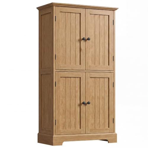 ChooChoo Bathroom Floor Cabinet with Adjustable Shelves | Bathroom Storage Cabinet, 4 Doors, Freestanding Cupboard for Living Room, Natural - color: Oak, size: 11.81"D x 23.62"W x 43.31"H
