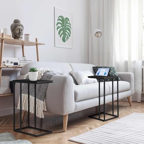C Shaped Side Table Set of 2, Skinny Sofa Table for Sofa and Bed, Couch Tables That Slide Under, Small End Tables for Living Room, Bedroom or Small Spaces, Black - color: Black Table Top