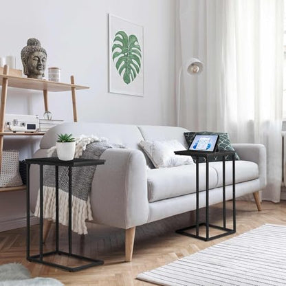 C Shaped Side Table Set of 2, Skinny Sofa Table for Sofa and Bed, Couch Tables That Slide Under, Small End Tables for Living Room, Bedroom or Small Spaces, Black - color: Black Table Top