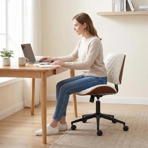 Furnimart Wooden Armless Desk Chair with Wheels, 360° Swivel Faux Leather Vanity Chair for Bedroom, Small Office Computer Task Chair for Home & Compact Spaces (PU White) - color: Pu-white