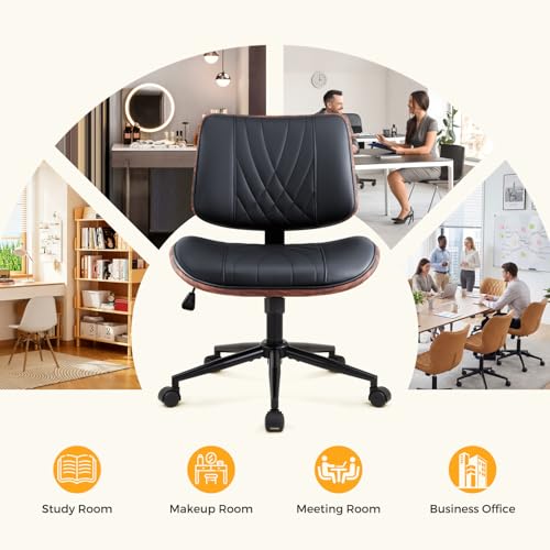 IWMH Armless Desk Chair Home Office Chair with Wheels Walnut PU Retro Chair | Ergonomic Swivel Computer Chair no Arms Mid-Century Adjustable Height Rolling Task Chair for Study Work Small Space Black
