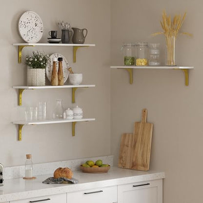 Long Wall Shelves, 31.5Inch Wooden Wall Mounted Shelves, Set of 4 | Large Floating Book Shelf, Metal Brackets, Easy Assembly, Max Load 22lbs, Wall Storage Ledges, Bedroom/Bathroom, White & Gold - color: White and Gold, size: 31.5 Inch (4 Pack)