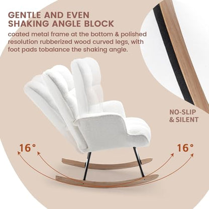 Rocking Chair Nursery Teddy Upholstered Glider Rocker Rocking Accent Chair Padded Seat with High Backrest Armchair Comfy Side Chair for Living Room Bedroom Offices (White Teddy) - color: White