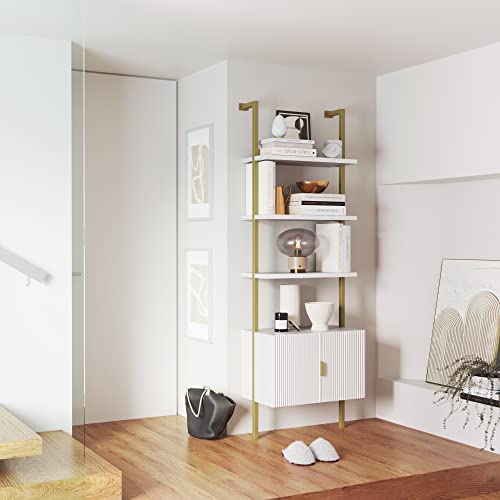 Nathan James Theo Mid-Century Modern Bookcase with Cabinet Fluted Texture, White Open Shelves and Brass Metal Frame Living Room, Home Office Storage - color: Theo White/Gold, size: 1