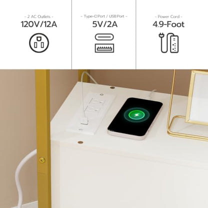HOOBRO End Table with Charging Station, Narrow Side Table with 2 Drawer & USB Port & Power Outlets, Nightstand for Small Spaces, Stable and Sturdy, for Living Room, Bedroom, Gold and White DW541BZ01 - color: Gold + White