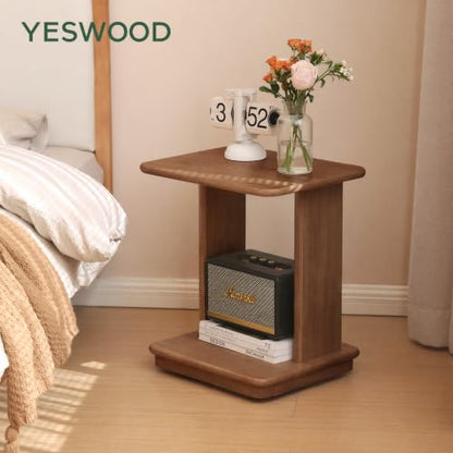 100% Solid Wood C-Shaped End Table for Couch, Rolling Side Table with Wheels, C Table for Small Space, Living Room, Bedroom, Walnut Finish, 19.69" H - color: Walnut-19.69"h